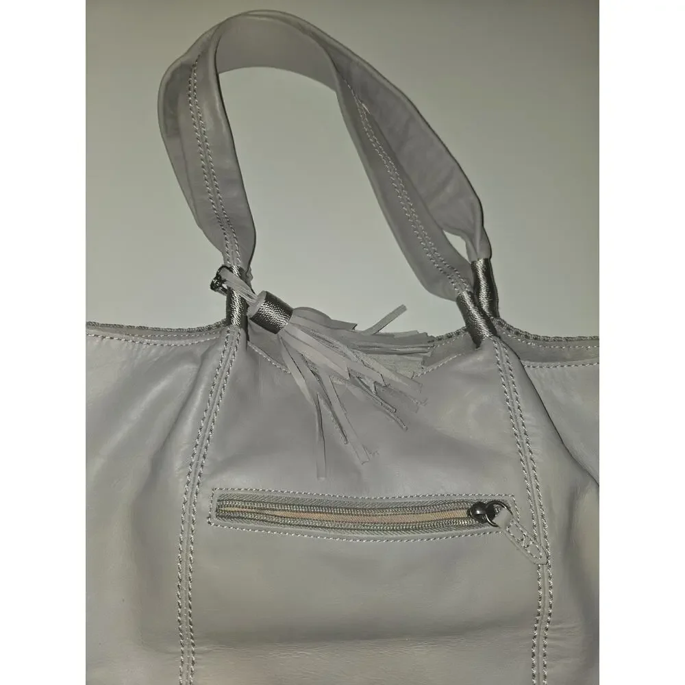 The Sak Gray Leather Tote Shoulder Bag Handbag Tassel Pockets Magnetic Closure